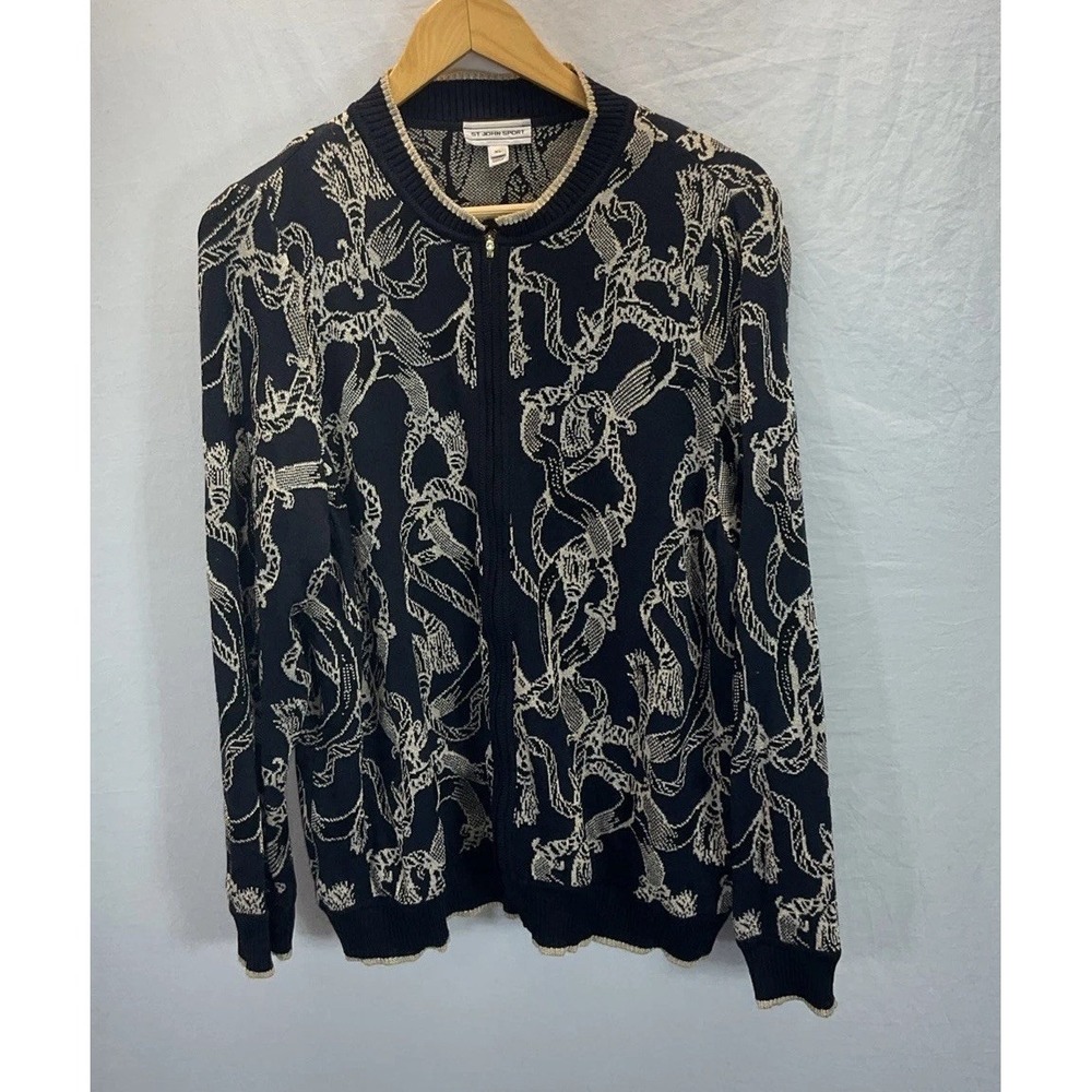 St John Sport Full Zip Cardigan XL Black Gold print Mature Old Money Formal
